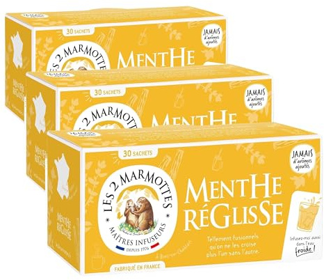 Les 2 Marmottes Infusion Menthe Réglisse, Gourmande, Tisane Menthe Poivrée et Menthe Douce, Fraiche et Boisée, Infusion Incontournable, A Consommer Chaud ou Froid, 30 Sachets, 42 g (Lot de 3)