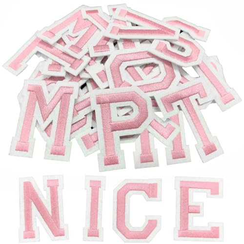 52 Pcs Iron On Letters, A-Z Iron On Alphabet for Clothes, Pants, Hats, Bags, Jackets, Socks DIY Accessories (Light Pink)