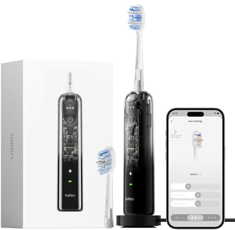 Laifen Wave Pro Elektrische Zahnbürste mit 60° WaveMotion & 66.000 Vpm, 70 Tage Akku, Drucksensor & App-Customizing, nahtloses Design ideal für Reisen, inkl. 2 Pro-Köpfe (Transparent Schwarz)