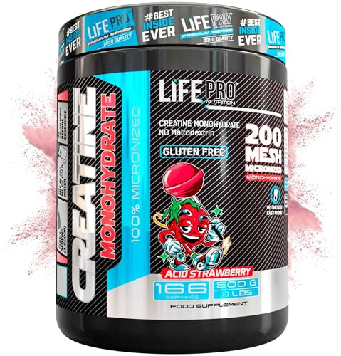 Life Pro Creatina Monohidratada 200 Mesh Micronizada, Creatina Polvo con 99.9% Pureza, Aumenta Resistencia y Fuerza, Absorción Rápida, Entrenamiento y Rendimiento Deportivo (500g, Ácid Strawberry)