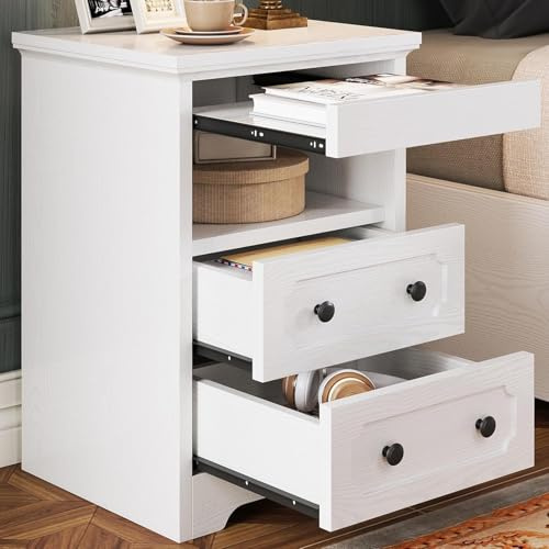 IRONCK Nachttisch mit 2 Schubladen, offenem Fach und Ausziehablage, Weiß | Modernes Design aus Holzwerkstoff, vielseitig für Schlafzimmer und Wohnzimmer mit praktischem Stauraum