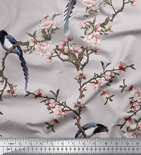 Soimoi Grau Cotton Cambric Stoff Blumen & Paradise Whydah Vogel Printed Craft Stoff durch die Meter 58 Inch Breite