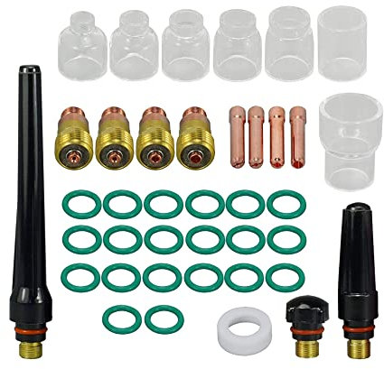 RIVERWELD WIG-Kurze Gasspiegel - Kollektorgehäuse 17GL040, 17GL116, 17GL332, 17GL18, Glaskelche mit klarem Quarz - Düsen - Kit für SR WP 17 18 26 TIG-Schweißbrenner, 39 Stück