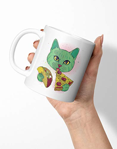 BLAK TEE Green Space Cat Eating Taco and Pizza Porcelain Coffee and Tea Mug 330 ml