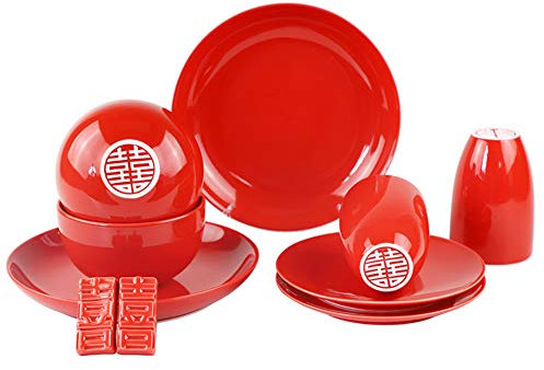 XCXDX 10 Piezas De Vajilla De Cerámica Roja, Vajilla De Porcelana De Belleza Oriental De Estilo Chino, Adecuada para Regalos De Boda