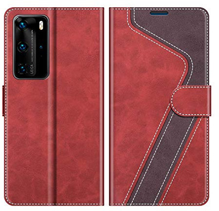 MOBESV Coque pour Huawei P40 Pro, Housse en Cuir Magnétique Fonction Stand Étui pour Huawei P40 Pro, Élégant Rouge