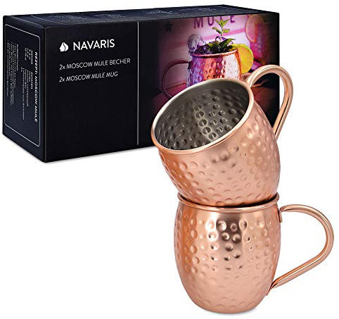 Navaris Moscow Mule Becher 2er Set - 2x Kupferbecher für Moskau Mule Gin Bier - Cocktail Mug gehämmert - Tasse aus Edelstahl mit Kupfer