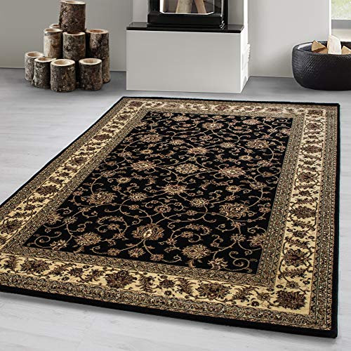 Carpetsale24 Orient Teppich 200x290 cm Schwarz, Dekorativer Kurzflor im Ethno-Stil, Pflegeleichtes Einrichtungselement für Wohnzimmer oder Essbereich