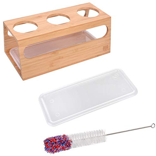 GRÄWE Bambushalter f. 3 Glasflaschen + Flaschenbürste + Ersatz-Abtropfschale