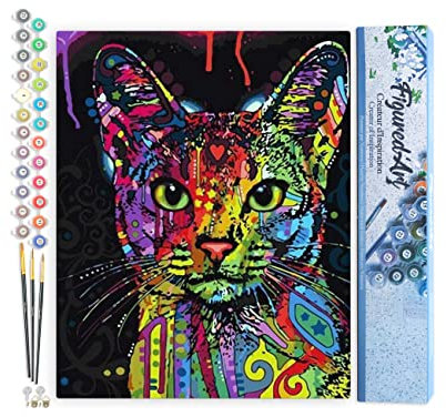 Figured'Art Peinture par Numéro Adulte Chat Fractal Moderne - Activité Manuelle Kit de Loisir Créatif DIY Numéro d'Art Complet - 40x50cm sans châssis en bois