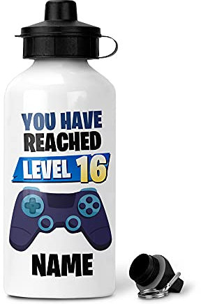EnvyFone 16th Birthday Gamer Gift - Personalised Water Bottle - Any Name and Age - Level Up - Novelty School Packed Lunch Video Game Design Drinks Bottles - 15th 18th 21st - Boys or Girls