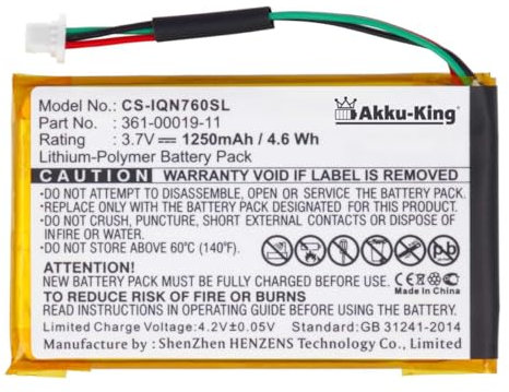Akku kompatibel mit Garmin 361-00019-11, 361-00019-40 - Li-Polymer 1250mAh - für Nüvi 3590, 3590LMT, 700 (3 Kabel), 710, 710T, 760, 760T, 765, 765T