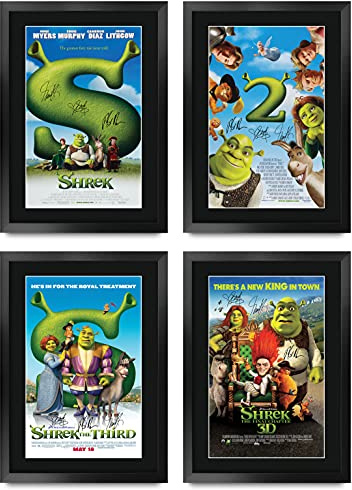 HWC Trading FR A3 Shrek Collection x 4 Geschenke Geduckter Poster Signiertes Autogramm Foto für Fans von Film Memorabilien - A3 Framed