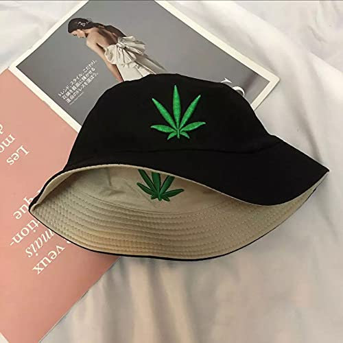 YUHOOE Unisex Sonnenhut Fischerhüte, Bucket Hat Cap Marihuana Weed Stickerei Blatt Cannabis Doppelseitiger Fischerhut Faltbarer Für Männer Frauen Jugendliche, Beige, Schwarz, 56