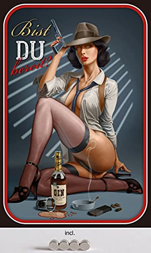 Tin Sign Retro Blechschild 20x30 cm Gangster Pin up Girl Strapse Erotik Inklusive 4 Starke Magnete Bar Kneipe Wand Deko Sammler Geschenk