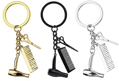 Csirnto Schlüsselanhänger Friseur 3 Stück Föhn Schere Kamm Keychain Haartrockner Kämme Schere Anhänger Schlüsselbund Tasche Anhänger Kreatives Geschenk Dekorativ Schlüsselanhänger
