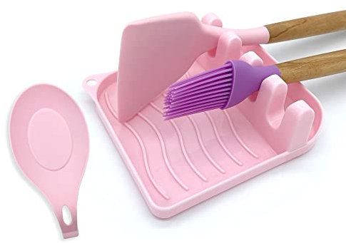 LSVGOE 2 Pack Multiple Utensil Spoon Rest with Drip Pad Non-Slip Heat Resistant Kitchen and Grill Spoon Holder for Spatula, Ladle, Tongs, Kitchen Gadgets, and Cooking Accessories (Cute Pink)