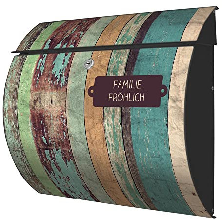 banjado® Burgwächter® Briefkasten anthrazit aus Stahl mit Motiv Bunte Bretterwand/Briefkasten mit Namen personalisierbar/Briefkasten ohne Zeitungsfach mit Kippdach & Öffnungsstopp, 2 Schlüssel