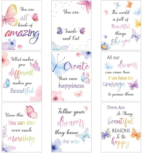 Zonon 9 Set Watercolor Butterfly Wall Decor, Quote Inspirational Wall Butterfly Poster Prints, 8 x 10 Inch, Motivational Saying for Woman Room Decor, with 30 Glue Point Dots