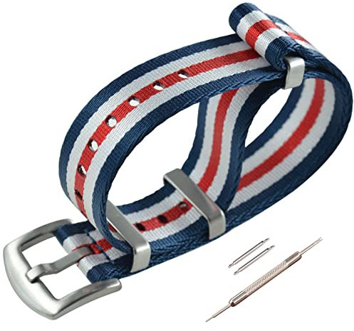 MZBUTIQ 22mm Blau/weiß/rot Sicherheitsgurt Nylon Uhrenarmband Watch Bracelet Belt für Herren Damen Gebürstete Schnalle