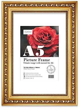 Almost Frameless A5 Gold Ornate Picture Frame With White Mount for A6 (10.5 x 14.8cm - 4.1 x 5.8in) Poster, Photo, Artwork, or Print. Shabby Chic Style Portrait and Landscape Display with Wall Hooks