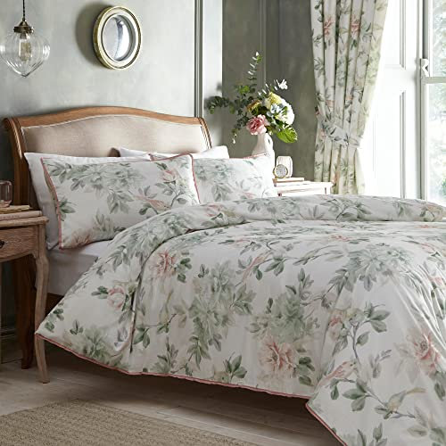 Appletree - Green Floral & Birds Duvet Cover - Double Bedding Size (200 x 200cm) - Soft 100% Cotton Sateen - 200 Thread Count - 2 Pillowcases - Piped Edge - Botanical Flower Bedding in Sage Green
