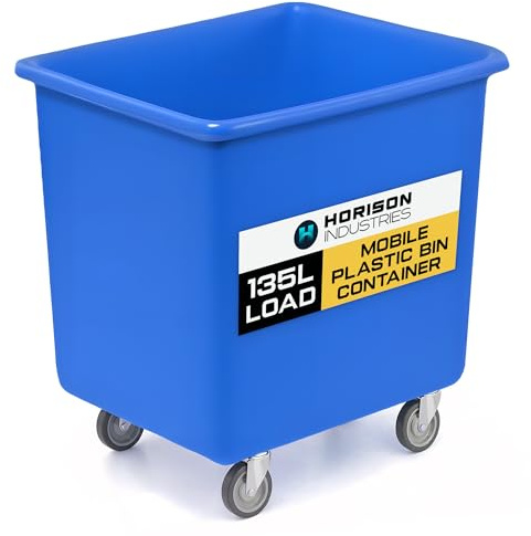 Horison Industries Mobile Bottle Plastic Bin, Blue, 135L, 685x615x525mm | Trolley On Wheels, Glass, Recycling Bins, Bottle Skips for Home Bar, Outdoor Bars & Hotels, Heavy Duty Plastic Storage Boxes