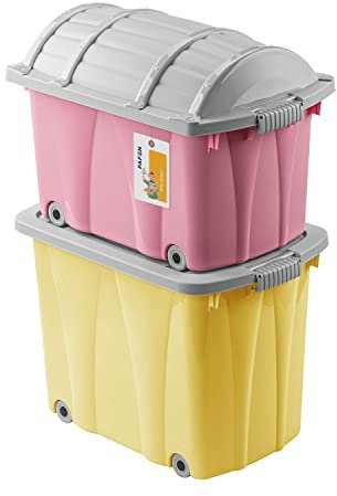 PAFEN Piraten Spielzeugkisten SET – 2x Schatzkiste 49l + 62l mit Rollen - Spielzeugbehälter Aufbewahrungsbox für Kinder Ordnungsbox, Gelb/Rosa
