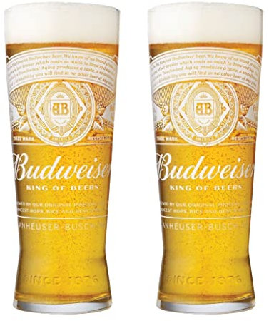 GarageBar | Budweiser Glass | Nucleated Beer Glass | Official Merchandise | Comes with 2X Beer Drip Mats | 2 Pint Glasses