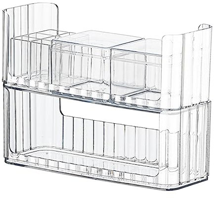 LINFIDITE Stapelbares Make-up-Organizer-Tablett, 2 Stück, transparenter Kosmetik-Organizer, 2 Wattestäbchen-Pad-Halter, Q-Tips Kosmetik-Aufbewahrungs-Organizer