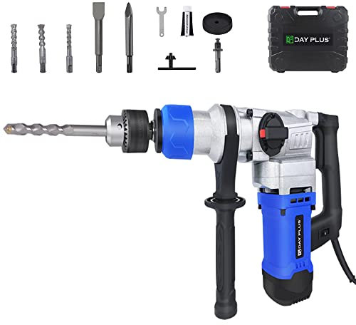 Corded Rotary Hammer Drill, 4 Adjustable Speed 0-4500rpm, SDS Plus Hammer Drill Kit with 3 Drill Bits, Grease and Case–Suitable for Concrete, Wood, Stone, and Metal