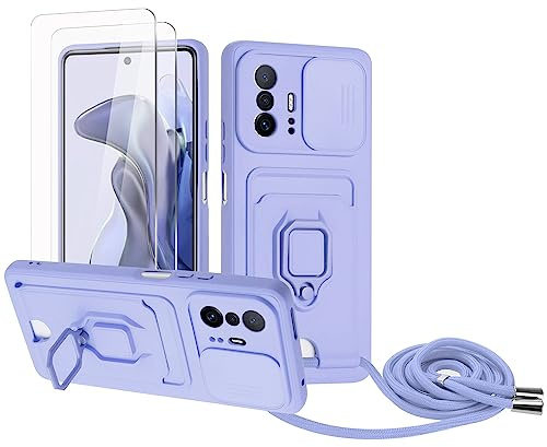 Zallagre Cordon de Coque Compatible avec Xiaomi Mi 11T/11T Pro,[2 Pièces] Verre Trempé,Lentille Coulissante Couverture,360 Degrés Bague Rotatif Support,Fentes pour Cartes-Violet