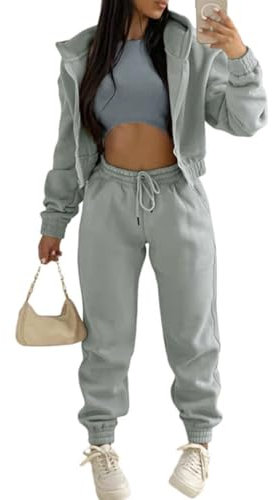 Onsoyours 3 Stücke Damen Sportanzüge Jogginganzug Sport Sets Yoga Outfit Freizeitanzug Langarm Kapuzenjacke + Crop Top + Jogginghose mit Taschen Grau M