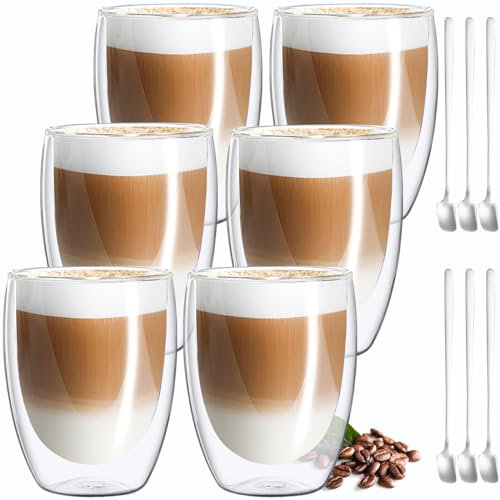 MULEVIP Tasse à Café Double Paroi (6 x 350ml) Verre Double Paroi, Tasse Double Paroi Tasse Cafe Double Paroi,Tasse Cappuccino,Verre Cafe avec 6 Cuillères,pour Café,Bière,Jus,Latte Cappuccino