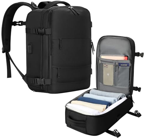 Samfolk Mochila viaje Cabina avion 40x20x25 Mochila viaje 12 Bolsillos Mochilas de viaje para avion de Separado para Zapatos Bolsa de Mano, 20L (Negro, 40x20x25)