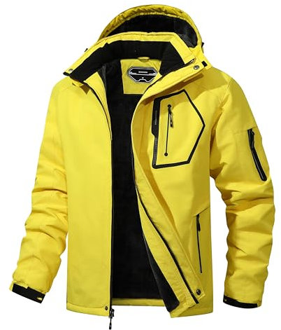 UTWGN Herren Skijacke Winter Warm Schneemantel Wasserdicht Windbreaker Kapuze Arbeit Outerwear Snowboardjacken, gelb, XL