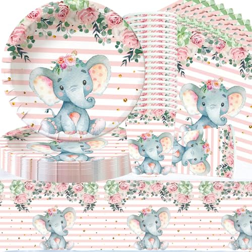 Doyomtoy Elefant Babyparty Deko Junge Partygeschirr, Serve 20 Gäste Geburtstag Partygeschirr,Tischdecken,Teller,Tassen,Servietten für Partyzubehör Geburtstag