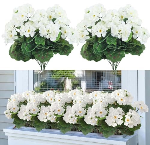 Laelfe 4 Pcs Geranios Artificiales Exterior, Ramo de Geranios Flores Artificiales para Exterior Interior Hogar Jardin Patio Balcón Maceta Colgante Decoración de Mesa (Blanco, 4 Pcs)