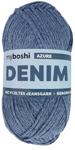 myboshi Denim, veganes Jeansgarn, recycelte Baumwolle zum Häkeln und Stricken, 50% recyceltes Denim, 50% Baumwolle (Bio), 50g, Ll 135m Blau (Azure), 1 Knäuel