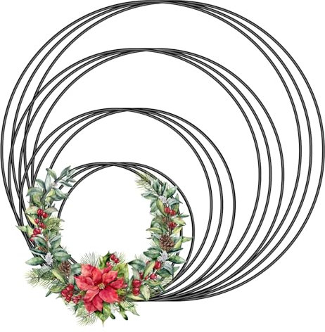 LOREC 12 Pcs Metallringe zum Basteln Drahtringe zum Basteln Metallring Schwarz Deko Ringe zum AufhäNgen 5cm /10cm/15cm/20cm für Hochzeitskranzdekor Wandbehang DIY Handwerk Traumfänger Floristik