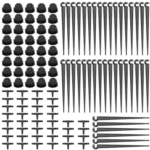 VooGenzek 120 Piezas 4/7mm Kit de Riego por Goteo Automátic, 40 Goteros de Riego Ajustables de 8 Agujeros + 40 Tee Conectores + 40 Estaca Microtubo Piqueta, para Manguera de 4/7mm, Negro