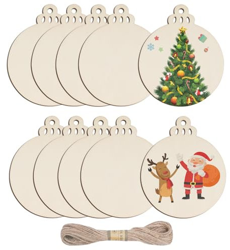 CUWELT 60Pcs Christmas Wooden Baubles with Hole, Natural Wood Disc Hanging Ornaments, 3.3 Blank Round Wood Slices with String, Unfinished Christmas Ornaments for DIY Crafts Christmas Tree Decoration