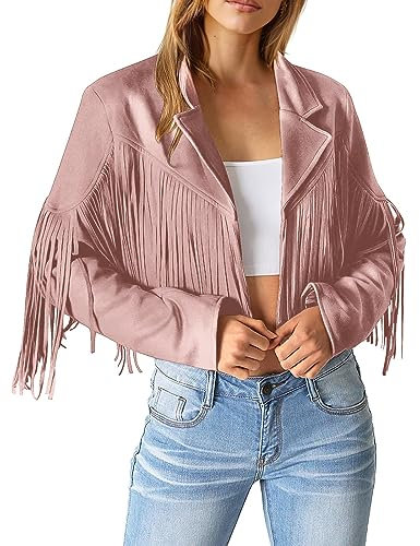 hahuha Veste de moto courte en daim synthétique avec franges de couleur unie pour femme, rose, M