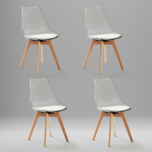 JZGORC Juego de 4 Silla de Comedor, Silla de Comedor Tapizada con Respaldo Transparente, Silla de Cocina Moderna y Sencilla, Silla de Cocina con Patas de Haya - Cuero PU Blanco