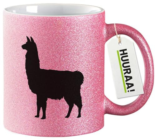 Huuraa Glitzertasse Lama Silhouette Geschenk | Motivtasse 330ml Glitzer Tasse mit Spruch Pink Keramik Kaffeebecher Geschenkidee Pinker Glitter Becher mit Motiv