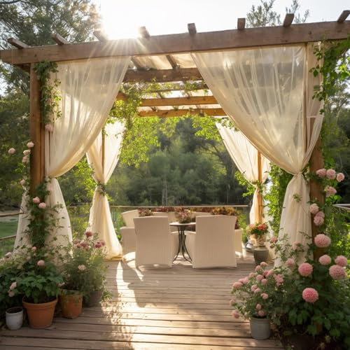 SK Studio Beige Outdoor Sheer Curtains for Patio Waterproof 1 Panel Sheer Curtains Privacy Screen Mesh Net Outside Curtains Rod Pocket for Gazebo, Porch, Pergola, 63W x 120L