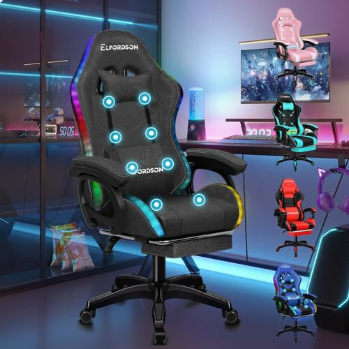 ELFORDSON LED Gaming Chair with 8-Point Massage, Swivel Office Chairs with Head Pillow Lumbar Support, Ergonomic Desk Chair with Armrests Footrest, Fabric Linen, Dark Grey