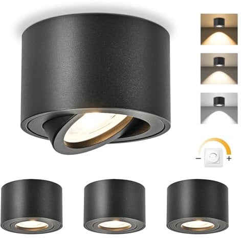 GeyouLux LED Aufbauspots Dimmbar - Extra Flach & 30° Schwenkbar Ø80x50mm Deckenspots Schwarz - inkl. 5W 500LM LED Modul 230V - 3000K/4000K/6500K Aufbauleuchte Aufputz Spots Aufbaustrahler Rund 4 Stück