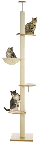 PawHut Kratzbaum, Katzenkratzbaum Deckenhoch, 230-250 cm, Kletterbaum mit Hängematte, Katzenbaum Höhenverstellbar, Spielbaum mit Kippschutz, Plüsch, Eiche+Cremeweiß