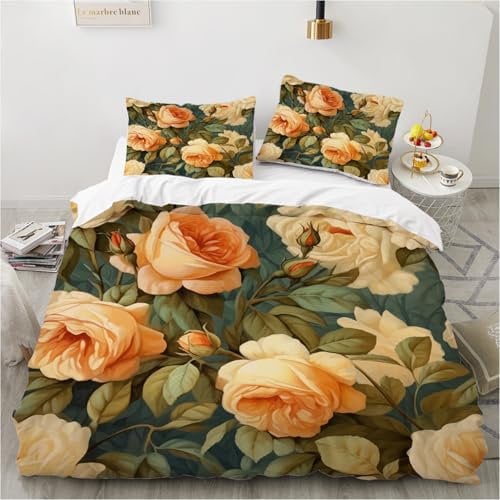 Luowei Bettwäsche 200x200 Blumen Motiv Gelb Floral Bettwäsche 3D Aesthetic Blumen Bettwäsche Weich Kuschelig Mikrofaser Bettwäsche 3 Teilig mit Reißverschluss und 2 Kissenbezüge 80x80 cm